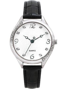 Women's Silver Analog Quartz Leather Band Crystal Rhinestone Bezel Wrist Watch